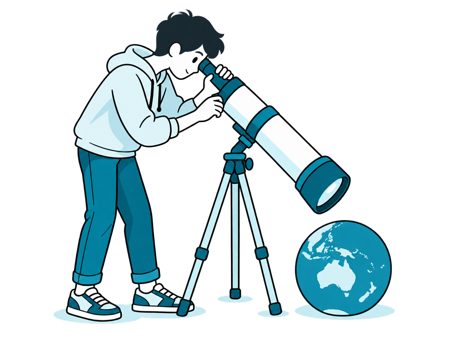 A student looking through a telescope pointed at Earth