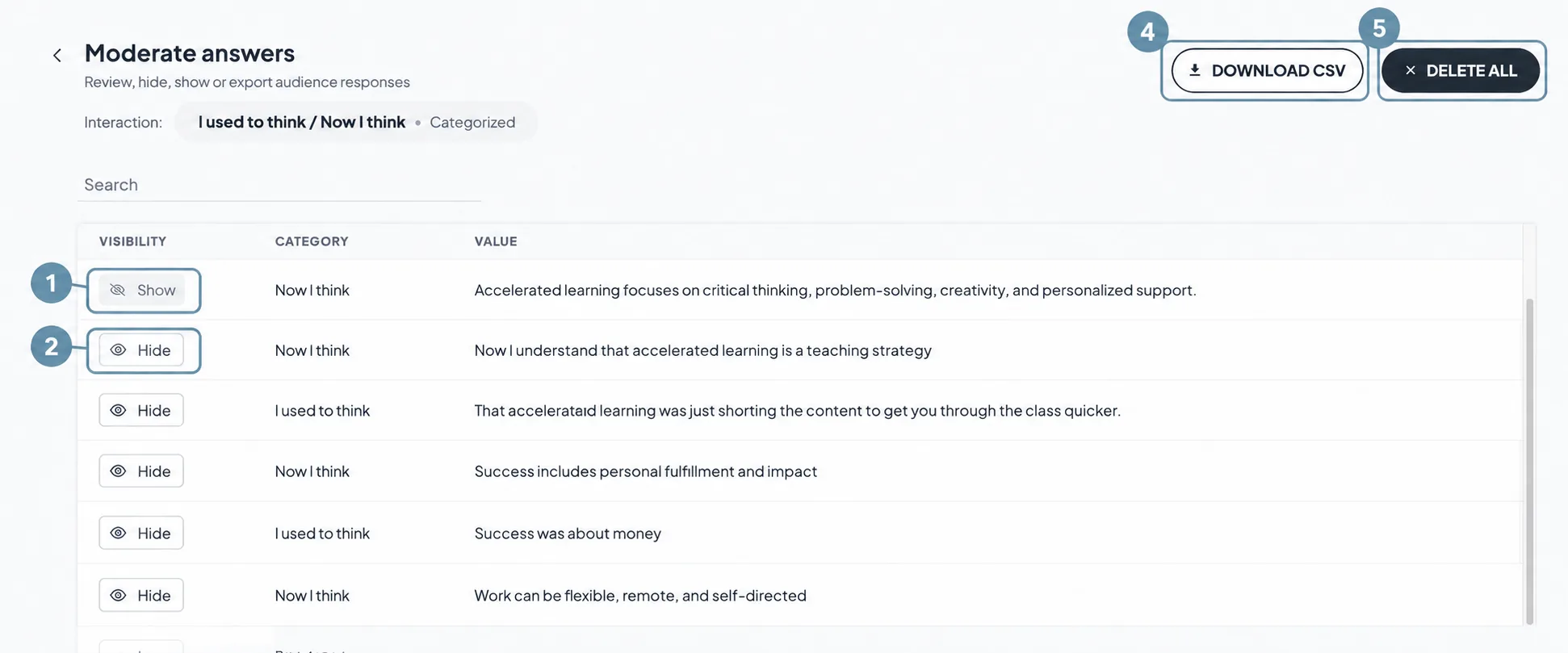 The Moderate answers view, with a table of responses and visibility, search, download, and delete controls